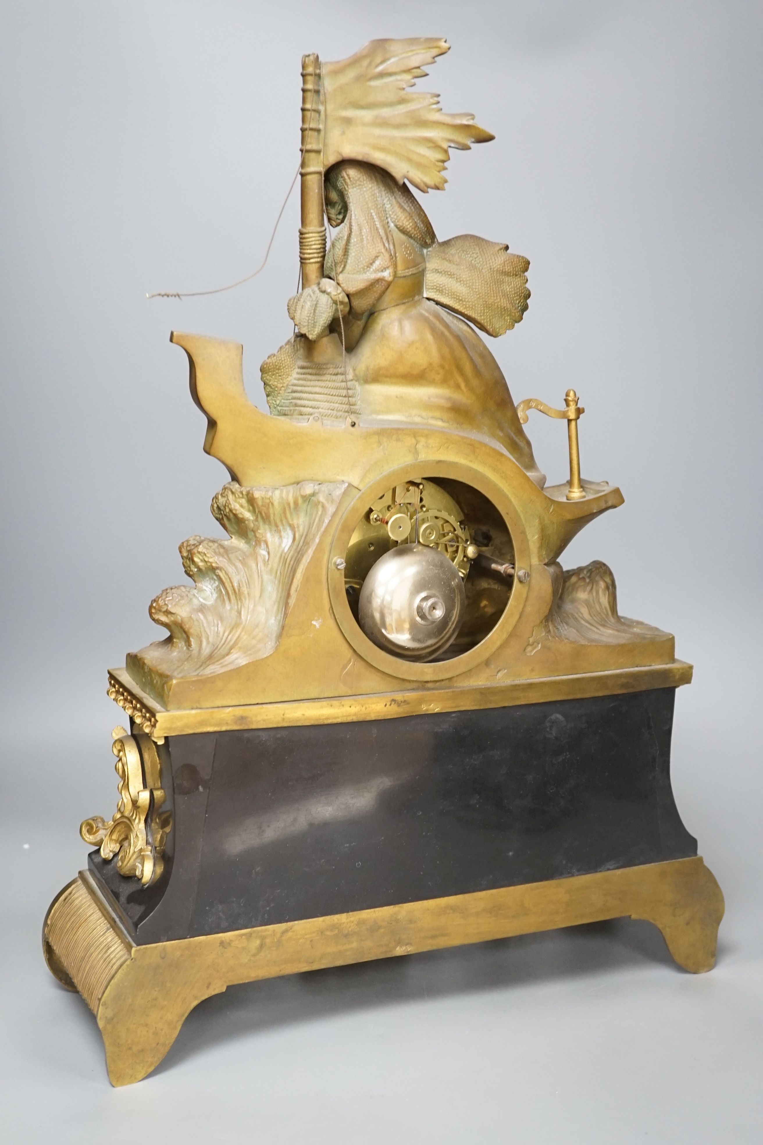 A 19th century French bronze and ormolu mounted black marble mantel clock, 48cms high.